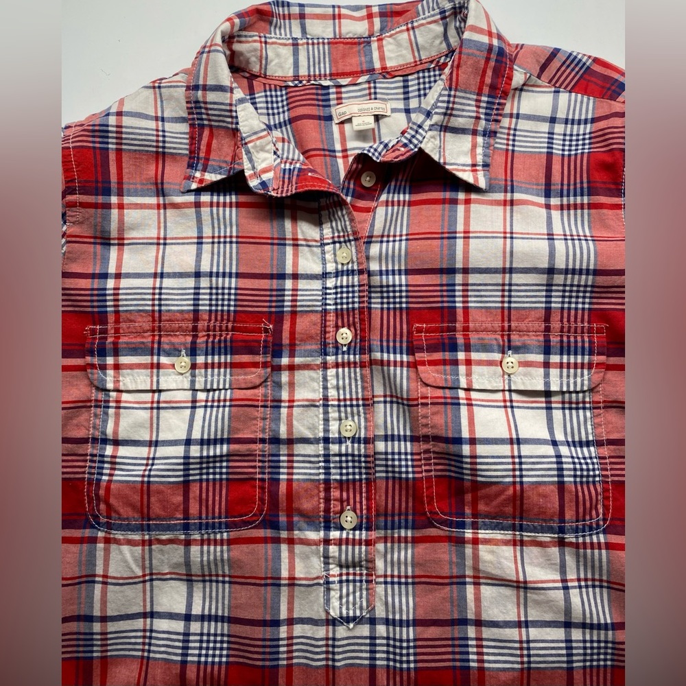 GAP Red, White, & Blue Plaid Casual Lightweight Cotton Half Button Shirt Small L - Picture 3 of 7